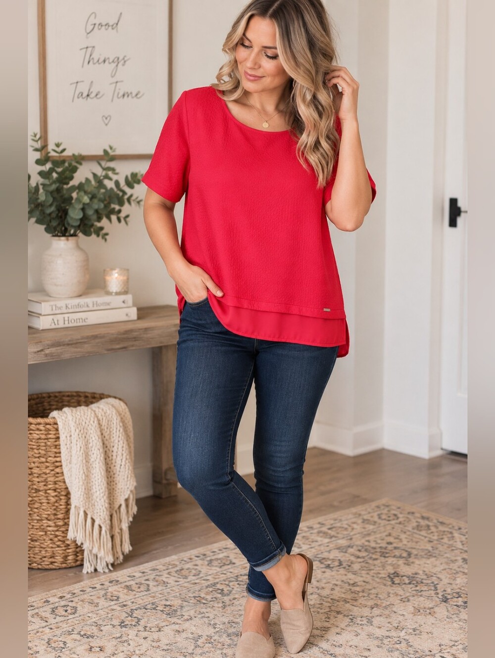 MBLM Red Textured Layered Hem Short Sleeve Blouse